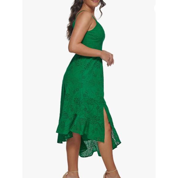 Guess Cotton Eyelet Asymmetric Midi Dress Women Size 8 Green Contemporary Party - Picture 4 of 10
